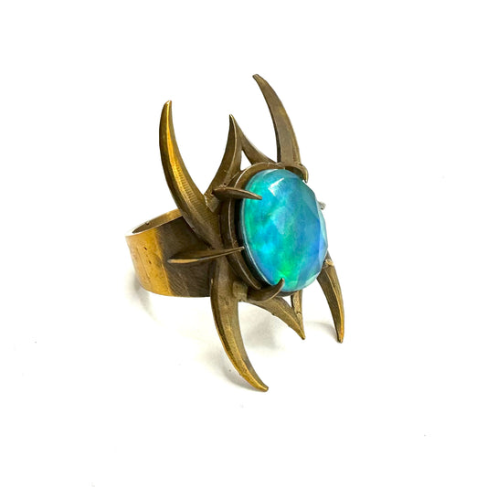 Spine Bronze Aurora Opal Brutalist Ring