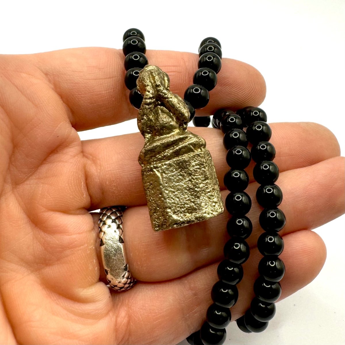 Bronze Banded Monk Talisman on a Black Onyx Beaded Necklace with Bronze Toggle - Julian The 2nd - Bronze Banded Monk Talisman on a Black Onyx Beaded Necklace with Bronze Toggle