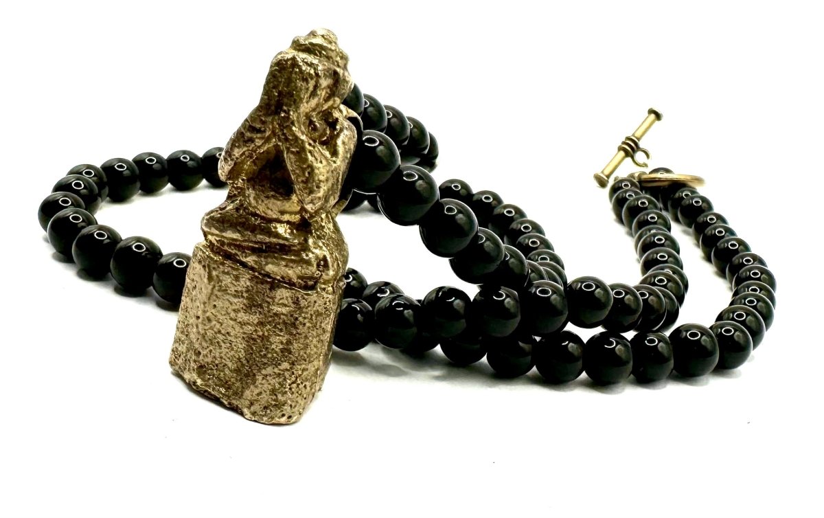 Bronze Banded Monk Talisman on a Black Onyx Beaded Necklace with Bronze Toggle - Julian The 2nd - Bronze Banded Monk Talisman on a Black Onyx Beaded Necklace with Bronze Toggle