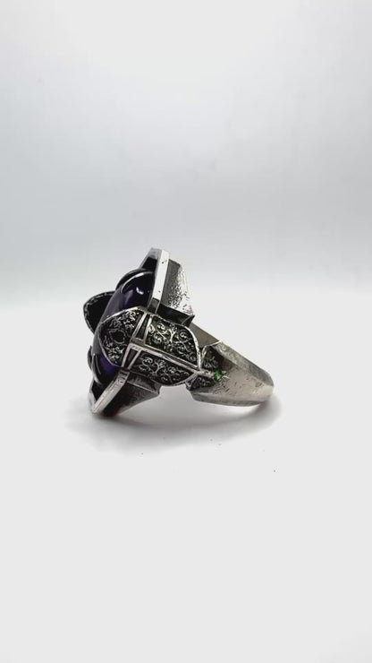 Green Knight Ring with Amethyst and Tsavorite in Sterling Silver