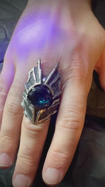 TO BE CAST - Viking Shield Ring With Blue Color Change Spinel In sterling Silver