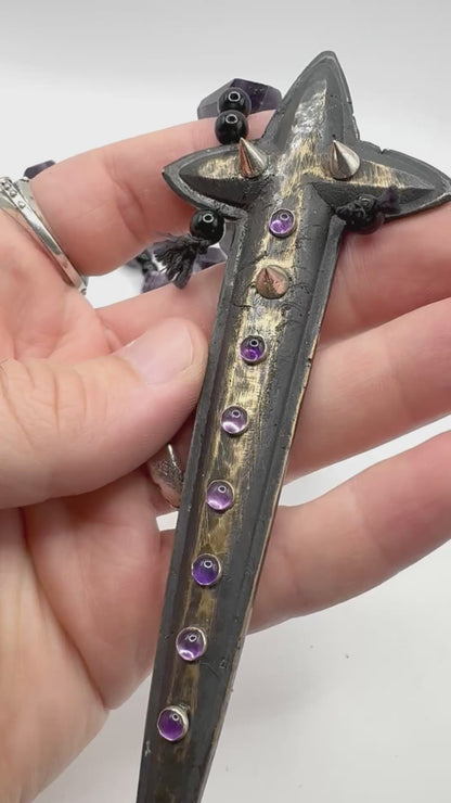 Sword Cross and Amethyst and Silver Spikes in Bronze Necklace