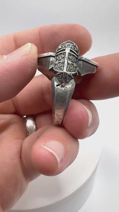 Green Knight Ring with Chrome Chalcedony and Garnet in Sterling Silver