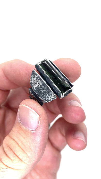 Brutalist Ring with Green Tourmaline in Sterling Silver