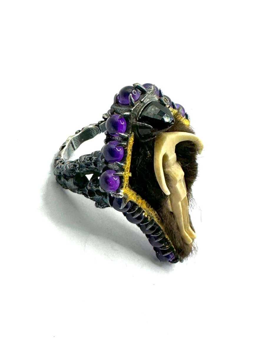 Queen Morningstar Carved Lilith Coffin Ring in Sterling Silver Amethyst Gold Leaf - Julian The 2nd - STONE RING - Queen Morningstar Carved Lilith Coffin Ring in Sterling Silver Amethyst Gold Leaf