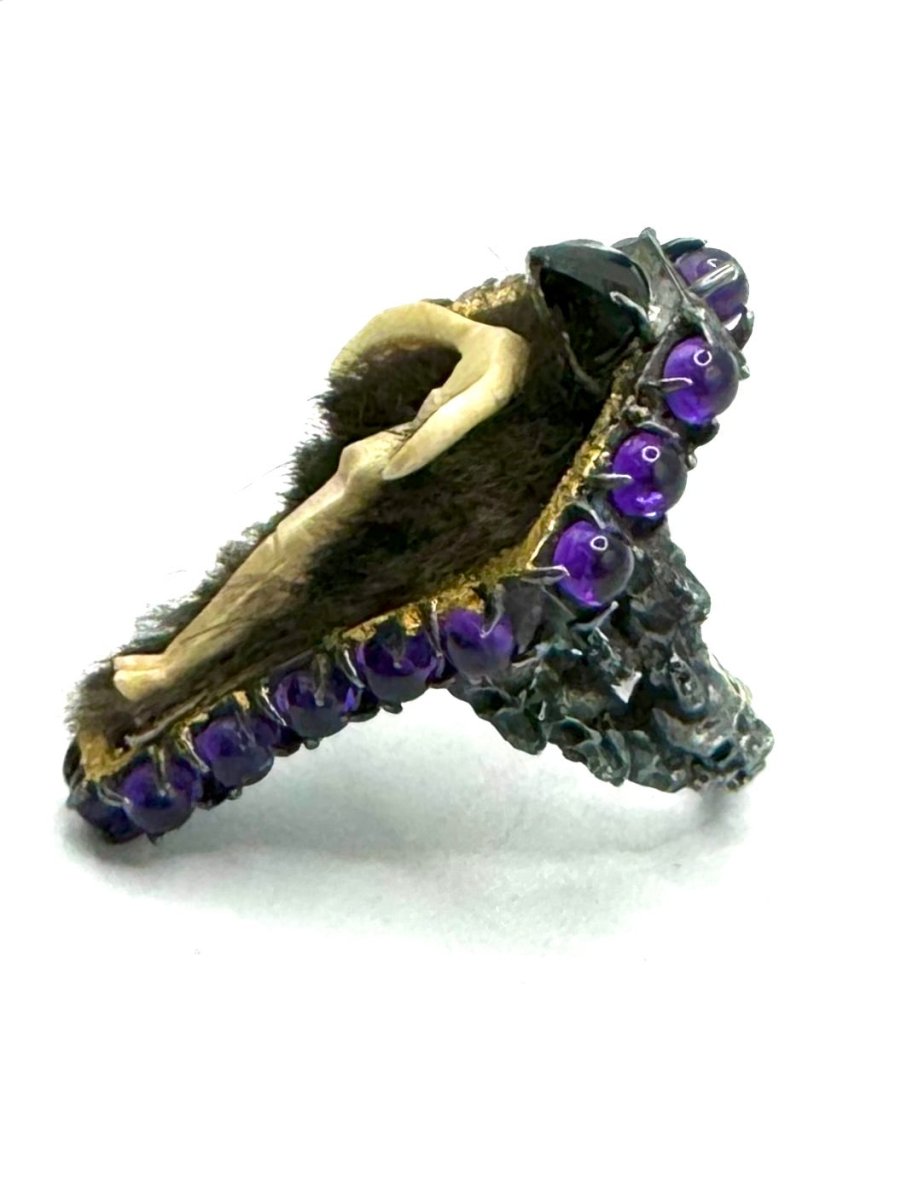 Queen Morningstar Carved Lilith Coffin Ring in Sterling Silver Amethyst Gold Leaf - Julian The 2nd - STONE RING - Queen Morningstar Carved Lilith Coffin Ring in Sterling Silver Amethyst Gold Leaf