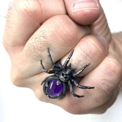 Spider Skull Ring Sterling Silver - Julian The 2nd - STONE RING - Amethyst Spider Skull Ring Sterling Silver