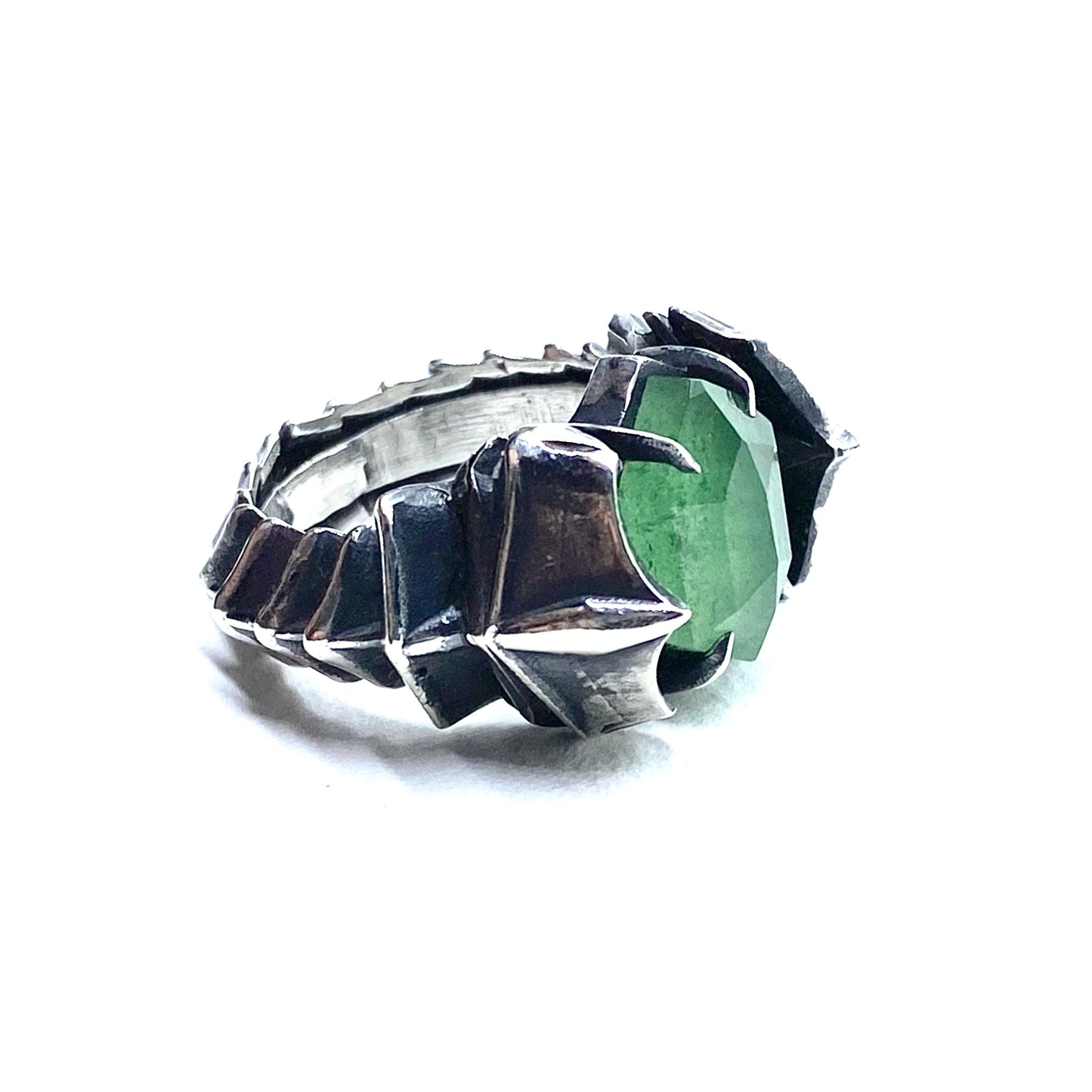 Black Knight’s Ring Set with Green Strawberry Quartz in Sterling Silver