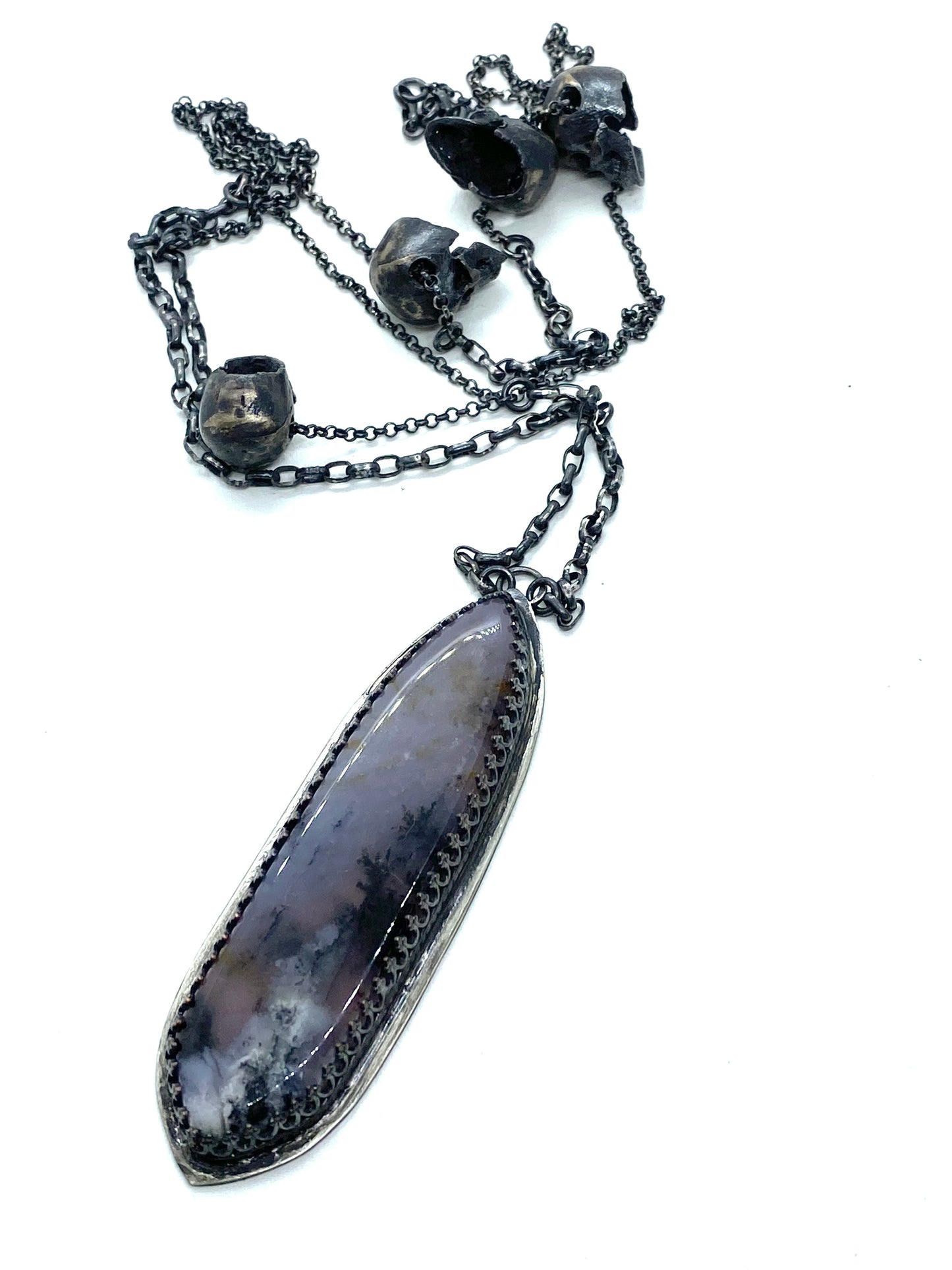 Skulls Reliquary Dendritic Opal Necklace Sterling Silver