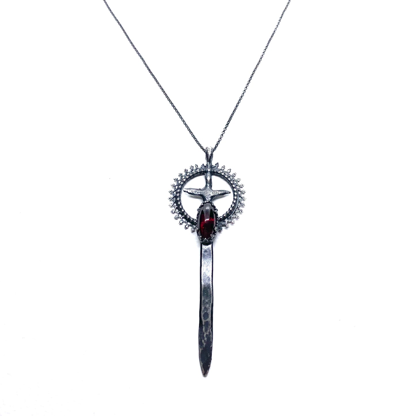 Excalibur Sword Necklace in Sterling Silver and Garnet