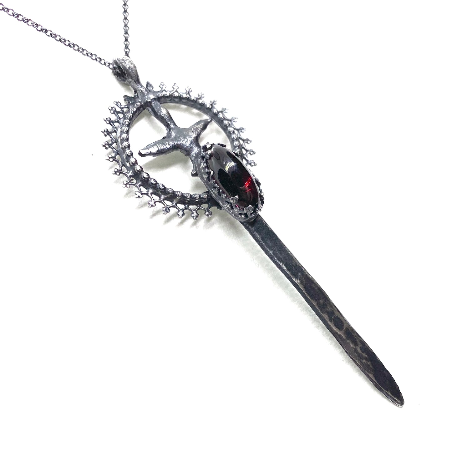 Excalibur Sword Necklace in Sterling Silver and Garnet